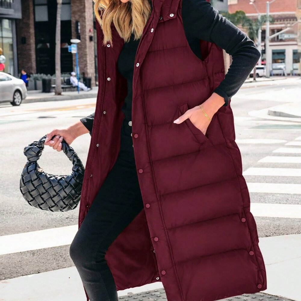 Burgundy Casual Women's Long Quilted Hooded Vest - Picture 5 of 5